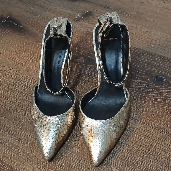 Brian Atwood Gold Snakeskin Ankle Strap Heels Mercada - Picture 2 of 7
